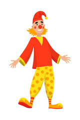 Circus clown. Kids holiday character. Entertainment artist. Jester performer, shapito circus show entertainers in funny costume, wig, makeup and red nose. Performers artist in classic outfit
