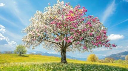 Fototapeta premium A tree in full bloom during springtime, with pink and white flowers, surrounded by a vibrant green meadow and a bright blue sky
