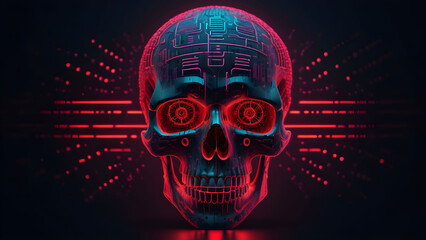 3d illustration of human skull with glowing neon lights on dark background