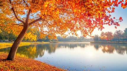 A vibrant autumn tree with golden and red leaves, set against a calm, reflective lake and clear sky, showcasing the beauty of fall