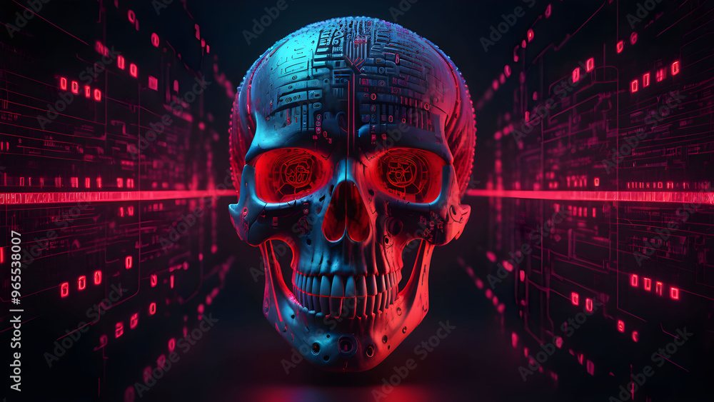 Aufkleber 3d illustration of human skull with binary code background. cyber attack concept