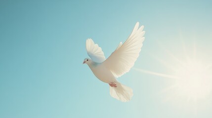Fototapeta premium A white dove flying across a clear sky, symbolizing peace, hope, and freedom