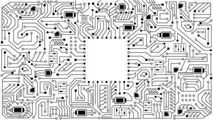 Electronics board in coloring style. High tech circuit board vector background. Artificial intelligence circuit line style. Smart network AI, digital technology. Futuristic microchip processor