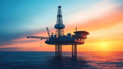 Silhouetted Oil Rig at Sunset - Market Forecast 3D Illustration with Copy Space and Selective Focus in Ultra HD