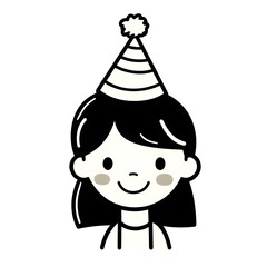 Fototapeta premium Girl in festive birthday hat on head line black icon isolated on white background. Party icon