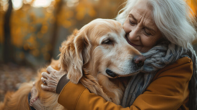 close-up senior older woman hugging golden retriever dog with happy expression  on outdoors park background with trees