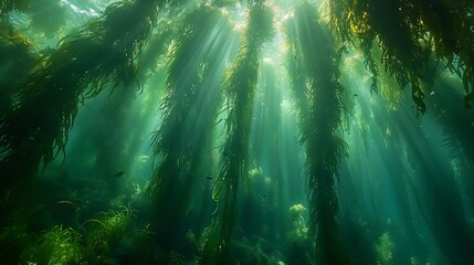 Obraz premium An awe-inspiring underwater scene featuring a giant kelp forest, where towering strands of kelp reach up towards the sunlight filtering through the water. The dappled light creates an ethereal 