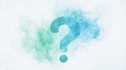 Colorful watercolor splash with a large question mark in blue and green hues.