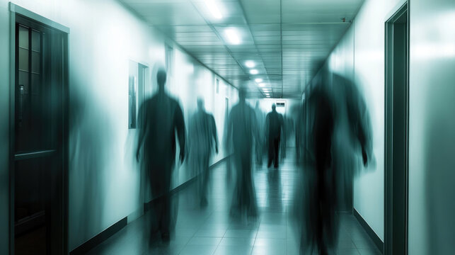 Mysterious figures emerge in a foggy, dimly lit hallway, creating a suspenseful atmosphere