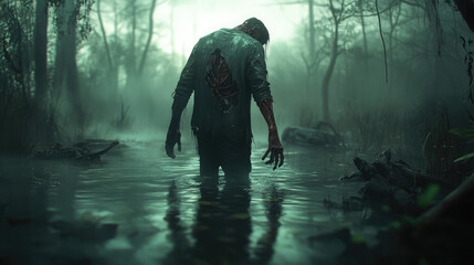 A decayed zombie walking through a mist-covered swamp, its skin peeling away, skeletal hands dragging through the water, eerie green light reflecting off the surface.