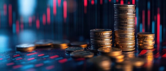 Gold Coins Stacked on Financial Chart with Red and Blue Bars