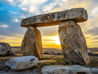 Breathtaking Sunset Over Ancient Megalithic Monument: Stunning Natural Landscape Featuring Stonehenge-Like Stone Structure with Horizontal Slab and Upright Stones Surrounded by Serene Wilderness