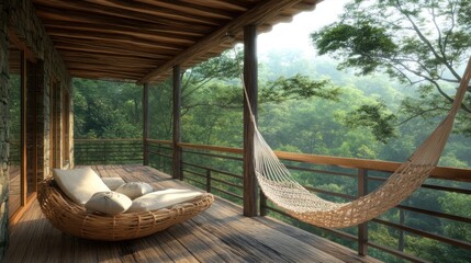 Relaxing on a wooden porch with a hammock and a wicker chair overlooking a lush green forest.