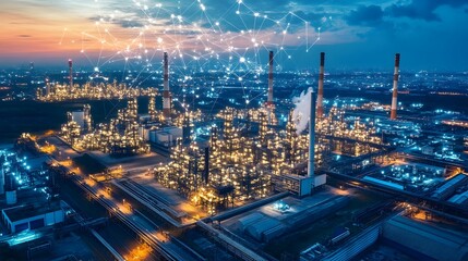 Fototapeta premium A large industrial plant with many tall buildings and a network of lines connecting them. Concept of complexity and interconnectedness, as if the entire plant is a part of a larger system