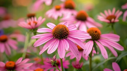 Obraz premium A vibrant field of Echinacea, also known as coneflowers, in full bloom, their bright pink and purple petals standing out against the green foliage. These medicinal plants are known for their 