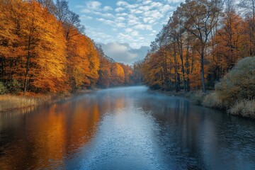 Obraz premium A tranquil autumn forest with golden trees reflected in a calm river, creating a serene and picturesque atmosphere, bathed in soft morning light