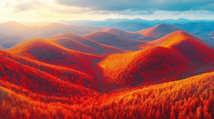A stunning aerial view of a vibrant autumn forest blanketing rolling hills and a mountain range, with bright red, orange, and yellow trees creating a sea of colors under soft, early morning light