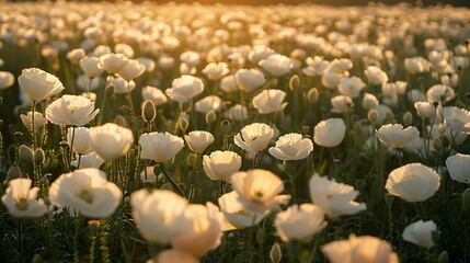 Obraz premium A vast field of Papaver somniferum, or opium poppies, with their delicate, pale flowers nodding gently in the breeze. This pharmaceutical crop is both beautiful and controversial, representing 