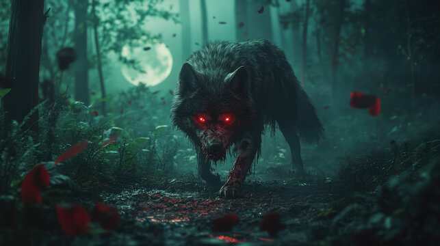 A horrifying zombie wolf with torn fur and glowing eyes, prowling through a shadowy, moonlit forest.