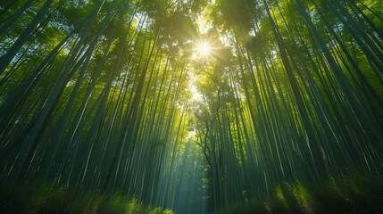 Fototapeta premium A tranquil scene of a bamboo forest in Arashiyama, Japan, where sunlight filters through the tall, slender stalks, casting gentle shadows on the forest floor. The dense, green canopy above creates 
