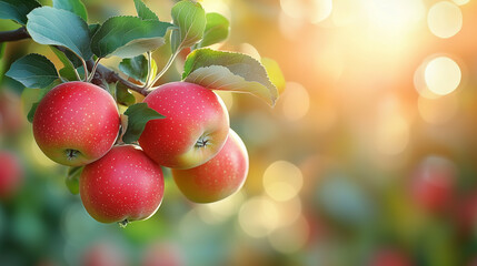 Obraz premium Ripe apples growing on a branch with green leaves in the garden. Sunny day. Bokeh effect. AI generative 