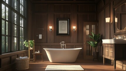Modern bathroom interior with a freestanding bathtub, a wooden vanity, and a large window.