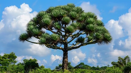 A striking monkey puzzle tree (Araucaria araucana) with its prehistoric-looking branches and sharp, spiky leaves. The tree's unusual, almost otherworldly appearance has a primeval quality, connecting 