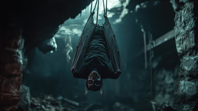 A bat is hanging from the ceiling in a dark room