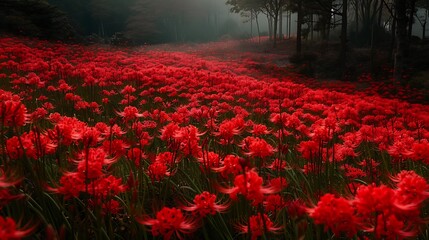 A striking field of red spider lilies (Lycoris radiata) in full bloom, creating a sea of crimson in a Japanese autumn landscape. The vibrant flowers stand out against the muted tones of the 