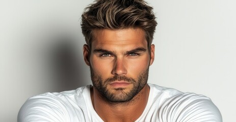 Fototapeta premium Close-up portrait of a stylish man with a strong jawline and captivating eyes, showcasing confidence and modern fashion.