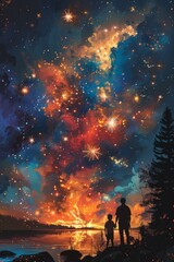 A vivid night sky full of stars and galaxies, with two people standing by a serene lake, marveling at the cosmic display.