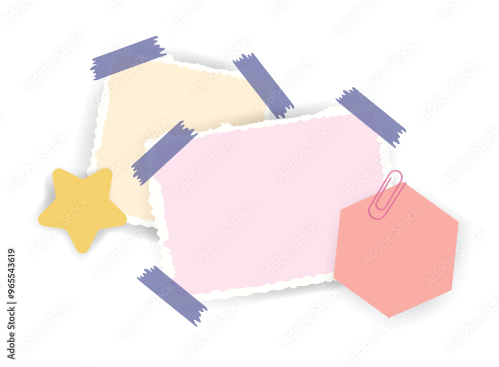 Poster paper notes stickers. place for memo messages on paper sheets. attached with sticky colorful tape on