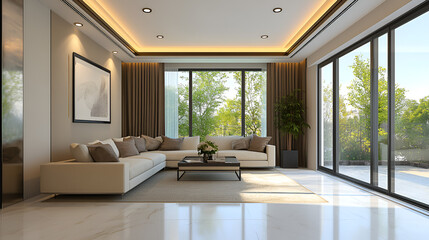 Fototapeta premium Living room interior with panoramic sofa