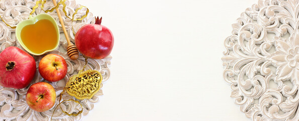 Rosh hashanah (jewish New Year holiday) concept. Traditional symbols