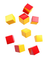 An abstract, photorealistic image of yellow and red cubes floating against a transparent background.