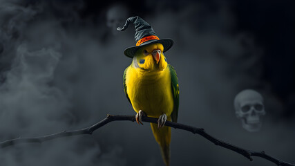 Parakeet wearing a tiny witch's hat on a branch surrounded by spooky fog, witch parakeet, Halloween bird