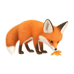 Fototapeta premium A cute fox sniffing a leaf, showcasing its vibrant orange fur and keen expression, ideal for nature and wildlife themes.