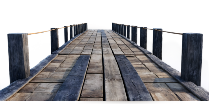 Old wooden bridge with weathered planks and rustic pillars, isolated on a transparent background.