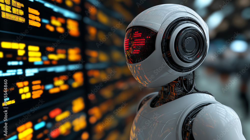 Poster ai data dive. a futuristic white robot, glowing red eyes focused, analyzes complex data streams on a