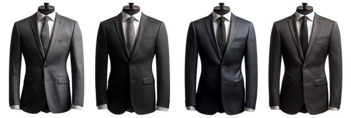 A set of four sleek and stylish men's suits displayed in various shades of black and gray isolated in transparent background.