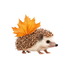 Obraz premium A cute hedgehog adorned with a vibrant autumn leaf, capturing the essence of nature's beauty and whimsical charm.