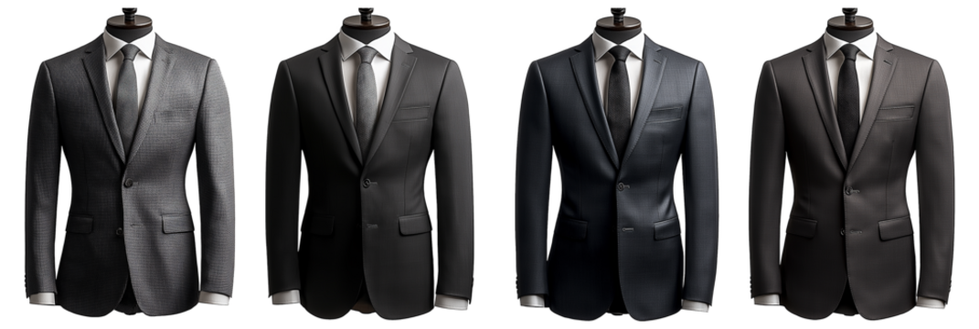 A set of four sleek and stylish men's suits displayed in various shades of black and gray isolated in transparent background.