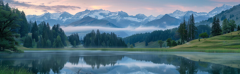 Landscape stunning view of sunset over high mountains with snow-capped peaks and dense coniferous forest at the foot