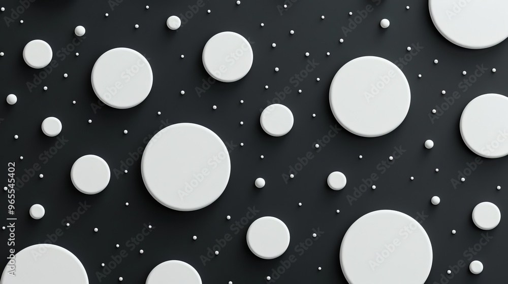 Poster abstract background with white 3d circular shapes on a black surface, creating a modern and minimali