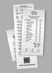 Naklejka premium Payment check and receipts. Set of financial paper, purchase invoice. Buying, bill or calculate pay. Receipt the seller forms