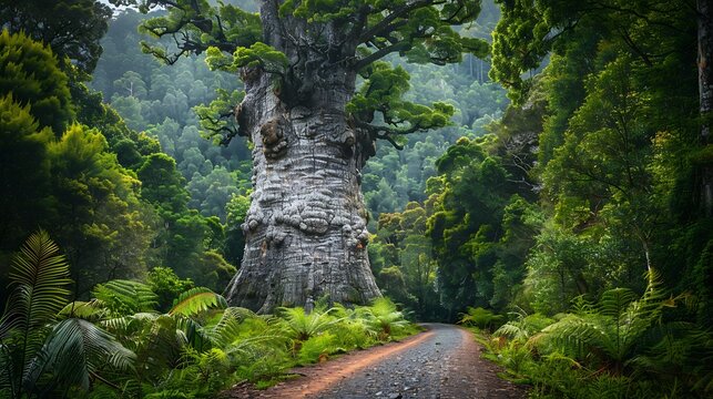 A massive kauri tree, its trunk of enormous girth, standing tall in the lush native forest of New Zealand. The tree's ancient presence is felt in the dense, verdant surroundings, where its towering 