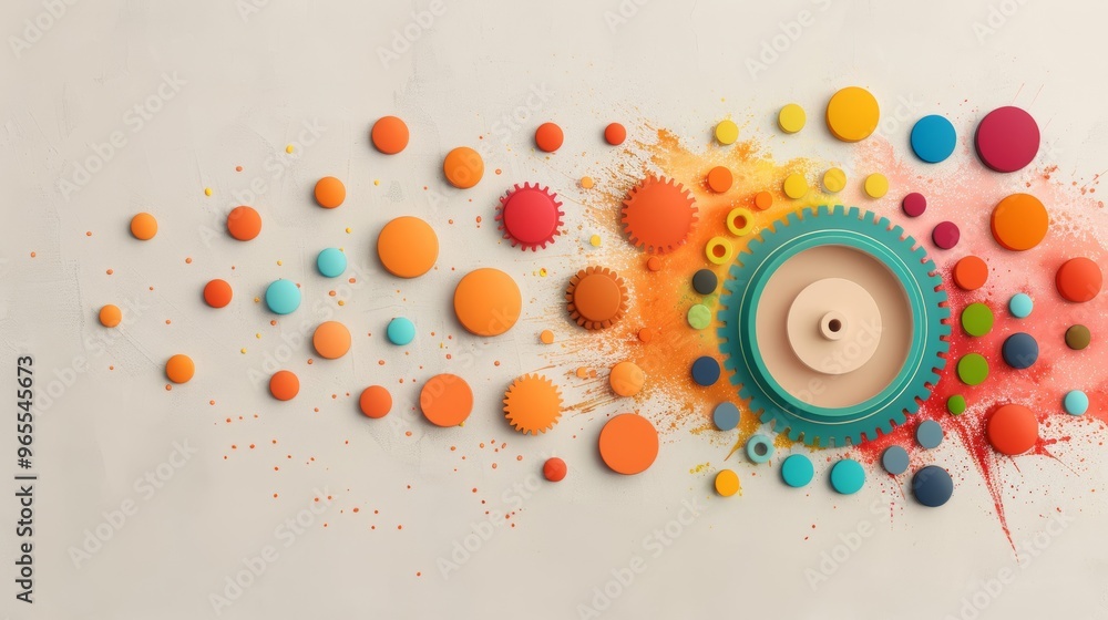Poster abstract art with colorful circles, gears, and splatters creating an imaginative and vibrant design 
