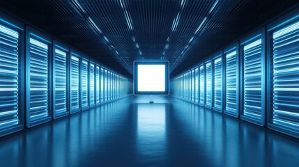 Futuristic server room with glowing blue lights and a central illuminated screen, representing advanced technology and data storage.