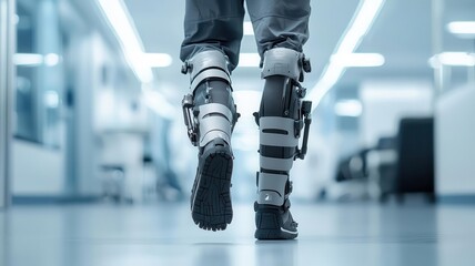 A futuristic medical exoskeleton helping a patient walk again after injury, medical exoskeleton rehabilitation, innovative physical therapy