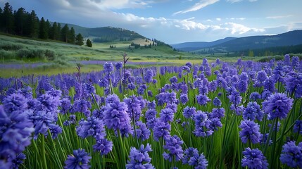 Obraz premium A lush meadow filled with purple-blue camas flowers in full spring bloom, their vibrant colors creating a stunning natural mosaic. The delicate petals of the camas sway gently in the breeze, 